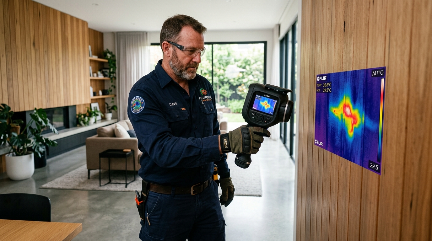 Pest technician using a thermal imaging camera to check a Sydney home's wall for hidden termite activity